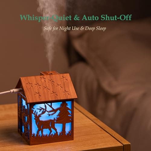 Mini Christmas Humidifier, 240ml Cool Mist Wooden House Humidifier with Santa Silhouette, 7-Color LED Lights, USB Powered, Quiet & Auto Shut-Off for Bedroom Home Office (Light Wood) 7