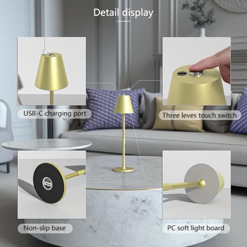 Timjorman 1-Pack Cordless Table Lamps - 5000mAh Rechargeable Battery Operated Desk Lamp, 3-Level Dimmable LED Night Light for Bedroom, Dining, Restaurant - Metal Design (Champagne Gold-1Pack) 6