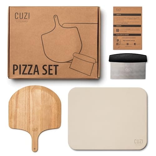 Cuzi Gourmet 3-Piece Pizza Stone Set - 15x12" Thermal Shock Resistant Cordierite Pizza Stone, 15x12" Natural Wood Pizza Peel & Pizza Cutter - Pizza Stone for Grill and Oven 8