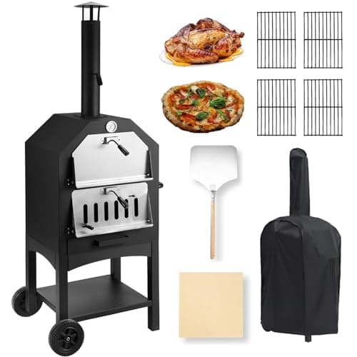 Dawmilon Pizza Oven Outdoor - Wood Fired Pizza Oven with Pizza Stone, Peel, Cover & Cooking Grids - Mobile Pizza Maker for Charcoal Grill, Backyard Parties, Camping
