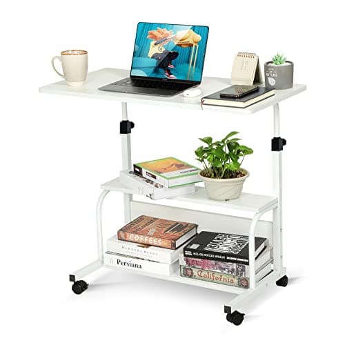 QZMDSM Portable Desk with Wheels Small Standing Desk on Wheels Adjustable Height Rolling Desksfor Home Office Study White