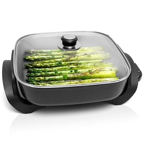 Moss & Stone Square Nonstick Electric Skillet With Lid, Aluminum 12x12 Inch Electric Frying Pan 5Qt, Nonstick Cooking Surface, Adjustable Temperature Control, Vented Glass Lid, Heat-Resistant Handle