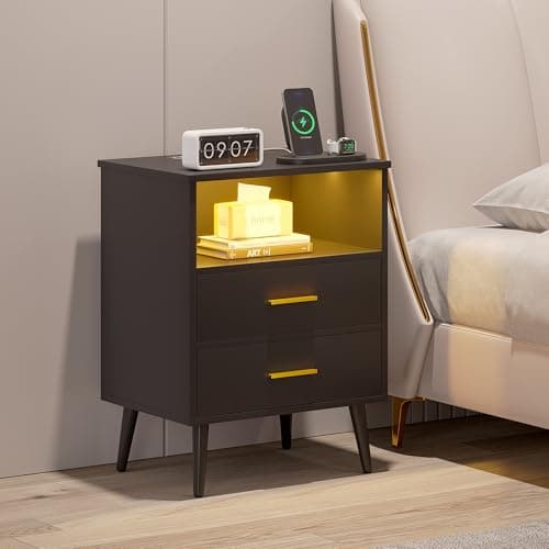 LVSOMT 20'W Fluted Nightstand, Night Stand with Charging Station and LED Lights, RFID Lock Hidden Drawer, Mid Century Morden Bedside Table for Bedroom, 2 Drawers and Open Storage Cubby, Black 10