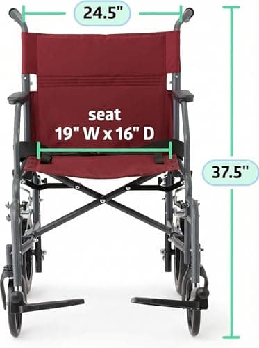 Medline Basic Steel Transport Chair - Full-Length Arms, Swing-Away Footrests, 12" Wheels - Gray/Burgundy - Durable & Convenient Mobility Aid 6