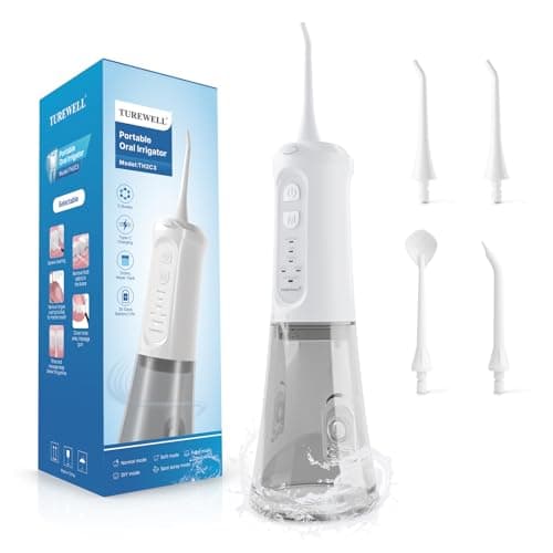 TUREWELL Water Dental Flosser for Teeth/Braces, 310 ML Portable Cordless Oral Irrigator with 5 Modes, IPX7 Waterproof Electric Water Flossing with 4 Replacement Jet Tips for Travel and Home, White