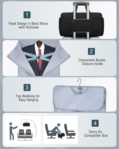 RAINSMORE Convertible Garment Bags for Travel, 45L Garment Duffle bag for Hanging Clothes, 3 in 1 Suit Travel Bag for Business Trips with Shoulder Strap, Carry On Suit Luggage for Men Women, Black 6