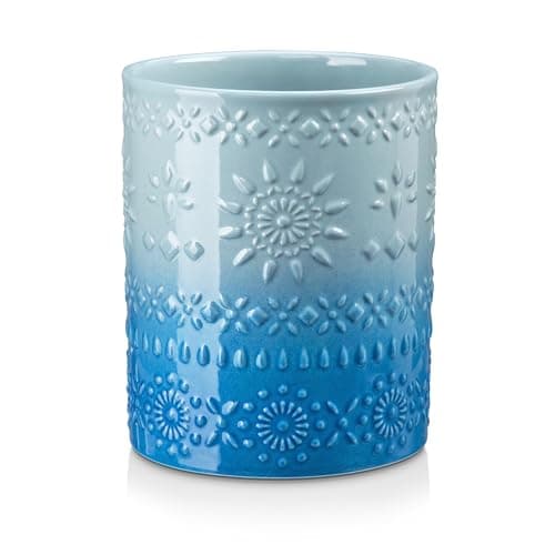 LOVECASA Extra Large Kitchen Utensil Holder, 7.2" Ceramic Farmhouse Utensil Holder For Kitchen Décor Countertop With Heavy And Sturdy Base, Utensil Crock Organizer, Blue