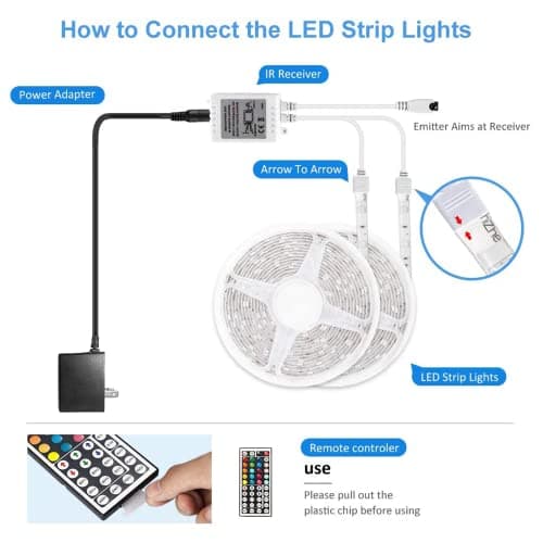 DAYBETTER Waterproof Led Lights for Bedroom, 32.8ft (2 Rolls of 16.4ft) Led Strip Lights, 300 LEDs Color Changing RGB 44 Keys Remote Controller, 12v for Outdoor Room Home Party Christmas Decoration 6