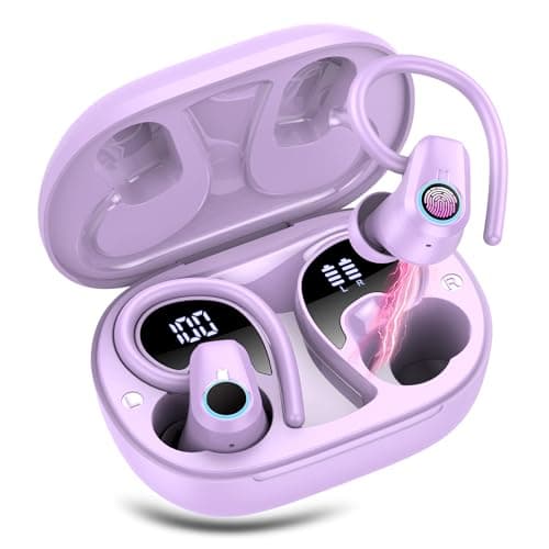 Wireless Earbuds, 2023 Bluetooth Headphones 5.3 Sport, 50H Ear buds with Earhooks, Dual LED Display Bluetooth Earbuds, Deep Bass Stereo Noise Cancelling Headphones, IP7 Waterproof Earphones, Purple