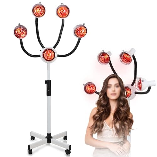 5 Head 750W Infrared Heat Lamp Red Light Portable Floor Hair Dryer Stand Up Color Processor Styling Perming Dryer Accelerator 110V（with Metal Lampshade (White)
