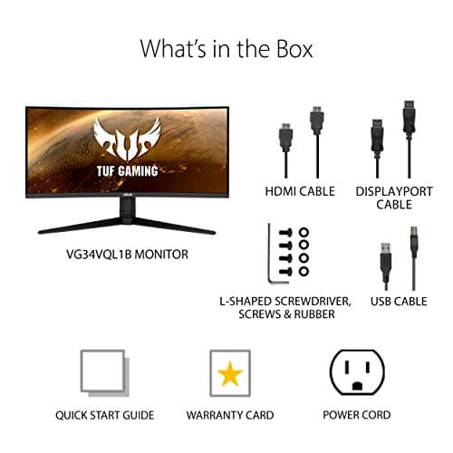 ASUS VG34VQL1B TUF 34 Inch Curved Gaming Monitor - WQHD (3440x1440), 165Hz, 1ms, Extreme Low Motion Blur, FreeSync Premium, Eye Care, Height Adjustable, DisplayHDR 400, DisplayPort, HDMI, USB 6