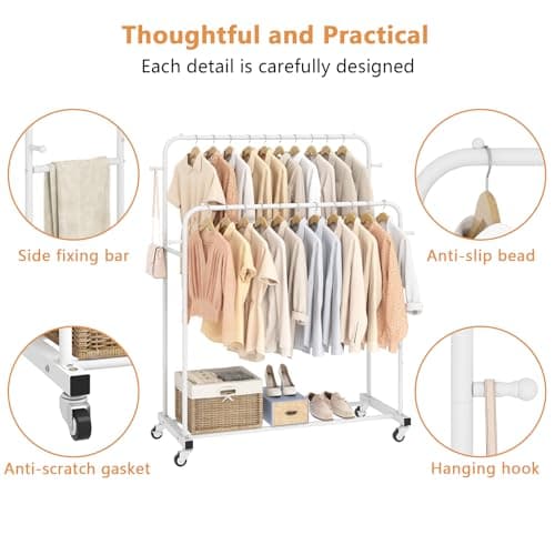 Laiensia Double Rods Garment Rack with Wheels, Clothing Rack for Hanging Clothes,4 Hooks, Multi-functional Bedroom Clothes Rack, White 6