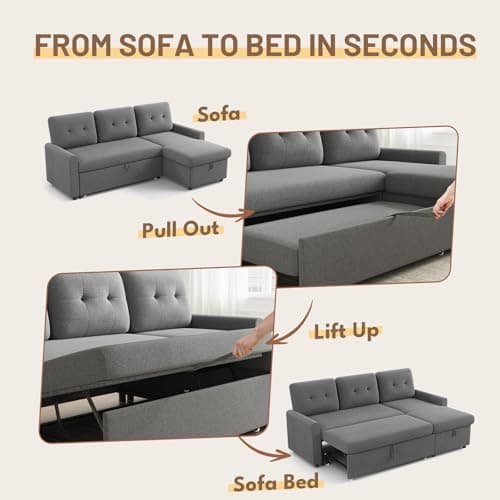 IULULU Sleeper Sofa, L Shaped Sectional Couch with Pullout Bed, Reversible Storage Chaise, 2 in 1 Pull Out Couches for Living Room, Apartment, Medium Grey 6