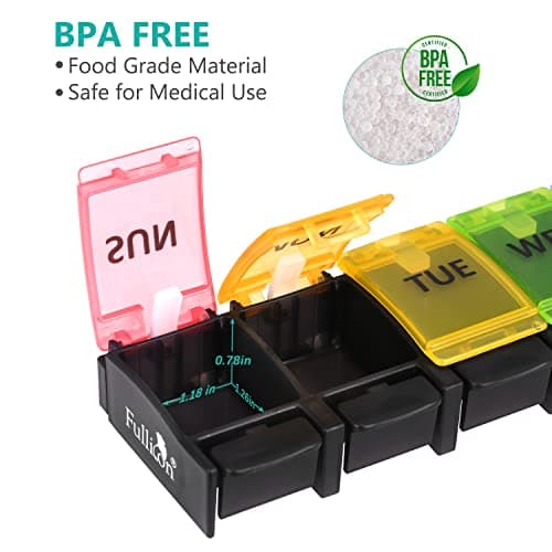 Fullicon Weekly Pill Box Organizer, 7 Day Tablet Boxes for Vitamins and Supplements, Easy to Open Large Medicine Box, Portable Push Button Arthritis Friendly Medication Organizer for Travel 6