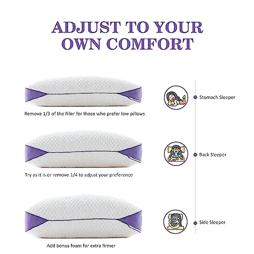 HOMELAB Adjustable Shredded Memory Foam Pillow Queen Size, Cooling Bed Pillow for Sleeping with Removable Cover, Medium Pillow for Side Stomach & Back Sleepers, 1 Pack 20"x28" 6