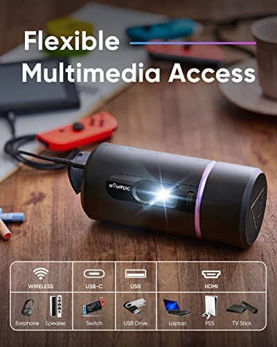 NOMVDIC R150 Mini Projector, Portable Battery Operated Projector with 4hrs of Playtime , Ceiling Projector with 90˚ Rotating Lens, 6W Harman Kardon Speaker, Auto Keystone 6