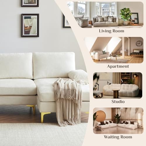 Karl home Convertible Sectional Sofa 110" U-Shape Sofa Couch 4-Seat Couch with Chaise ChenilleFabric Upholstered for Living Room, Apartment, Office, Creamy White 5