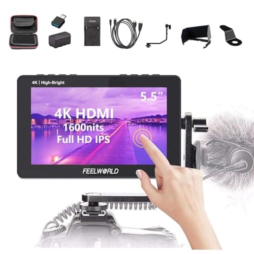 FEELWORLD F6 Pro +NP-F970 Battery, Charger, Storage Case kit, 5.5 Inch 4K HDMI Touch Screen On-Camera Monitor 1600nits High Bright FHD 1920x1080 Filed Monitor with F970 External Install and Power kit