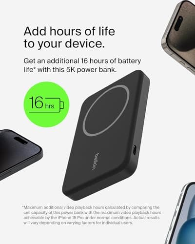 Belkin Portable Charger, Wireless Power Bank 15W 5000mAh w/ Qi2, MagSafe Charger + Built-in Pop-up Kickstand - iPhone 17, Air, Pro, Pro Max, AirPods, Apple Watch, Google Pixel 10, etc. - Black 7