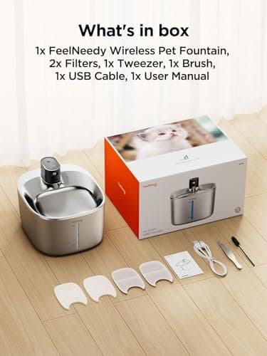 FEELNEEDY Wireless Cat Water Fountain Stainless Steel with Sensor, 4000mAh Battery Operated, 4L/135fl oz Pet Water Fountain for Cats Dogs, Ultra Quiet Cat Drinking Fountain with 2 Filters (YPD-C004S) 7
