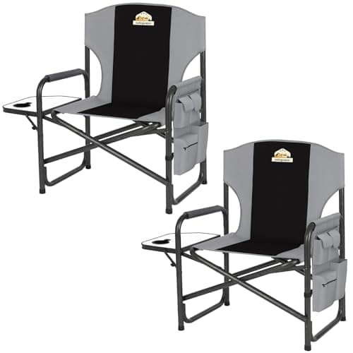 Colegence Oversized Directors Camping Chair Set of 2 Support 600 LBS, Heavy Duty Folding Outdoor Chairs with Detachable Side Pocket and Adjustable Side Table for Outside Beach,Lawn,Fishing (Black)