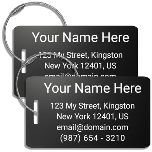 Heavy Duty Custom Luggage Tags - Personalized Anodized Aluminum Luggage Identifiers for Suitcases Pack of 2 (Black, 2x3.5)
