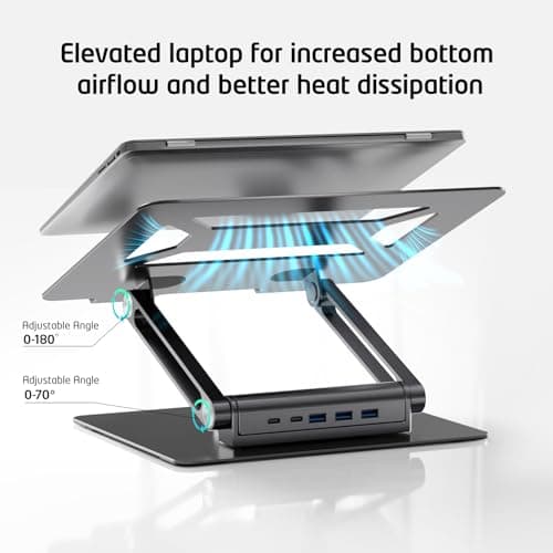 onang Laptop Stand with USB-C and USB-A, Adjustable Aluminum Laptop Riser for Desk with 360° Rotating Base, Foldable Ergonomic Computer Stand Compatible with 7"-17" Laptops, Space Grey 7
