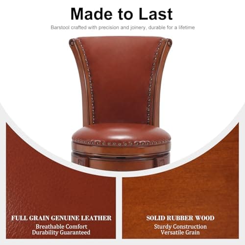 RAINMOOD High Back Swivel Bar Stool,Solid Wood Barstool with Full-Grain Genuine Leather, Barchair Counter Height Stool for Kitchen Island & Pub 4
