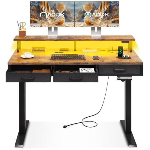 AODK Electric Standing Desk with Drawers, 47 Inch Height Adjustable Small Gaming Desk with Power Outlets & LED Lights, Sit Stand Table with Monitor Stand for Home, Office, Workstation, Rustic Brown