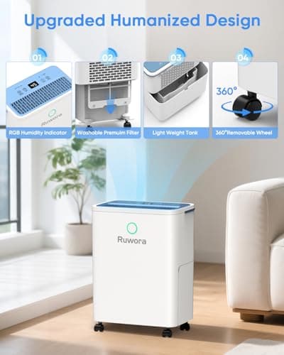 RUWORA Dehumidifier, 30 Pints Dehumidifiers for Home, 1500 Sq.ft Dehumidifier for Basement, 0.52 Gallon Water Tank, 24H Timer, Dehumidfier with Drain Hose for RV Bedroom Bathroom Office 5