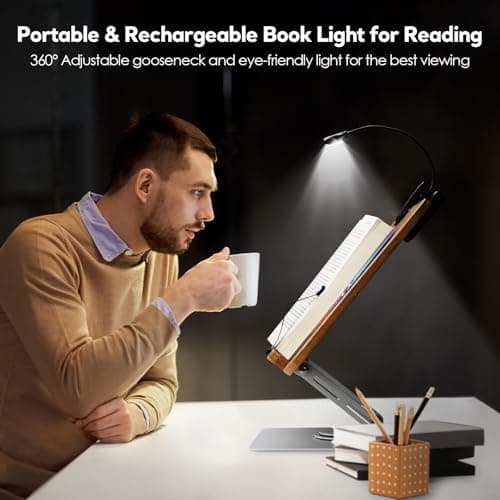 Book Stand for Reading Large Book Holder with 360° Rotating Base, 15.4"x11" Cookbook Stand Desktop Holder with Book Light, Foldable Desktop Stand for Textbook, Recipe, Laptop, Sheet Music 5