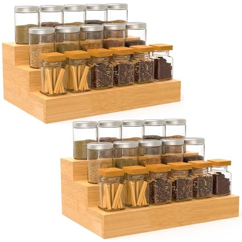 Bambition 2 Pack Bamboo Spice Rack Riser for Cabinet, 3 Tier Spice Stand Organizer for Kitchen Counter