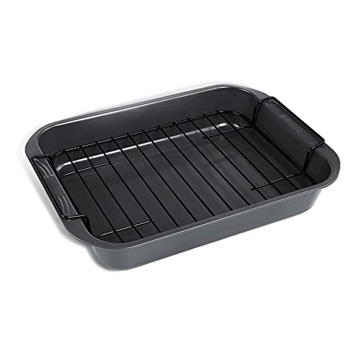 kitCom Bakeware Nonstick Roaster, Nonstick Roasting Pan with Rack, Great For Roast Chicken, Roasts And Turkeys - 15 Inch x 11 Inch (5.8 QT), Gray