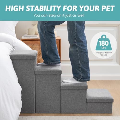 Dog Stairs with Storage, 4-Step Wider Sturdy Dog Steps for Small/Medium/Large Dogs and Older Cats, Folding Doggie Ramp for Bed/Couch/Car Hold Up to 180 lbs (22" H, Grey) 5