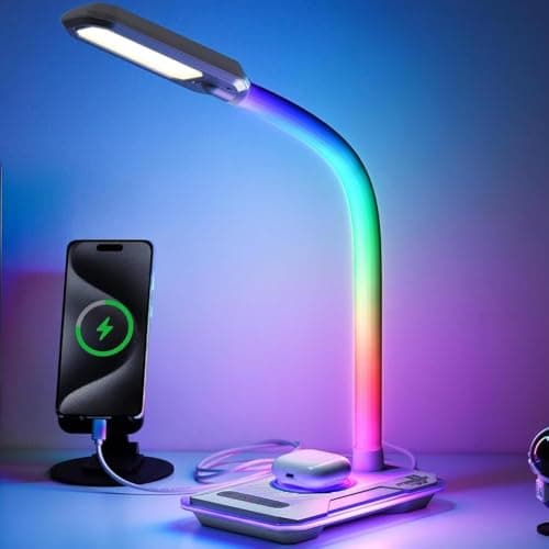 SMARTERIOR RGB Gaming Desk Lamp with Music Sync,Dimmable LED Lamp with Wireless Charging Station,USB Charging Port,Color Changing Touch Control Light for Gamer Room Decor,Reading,Office,Gift Ideas