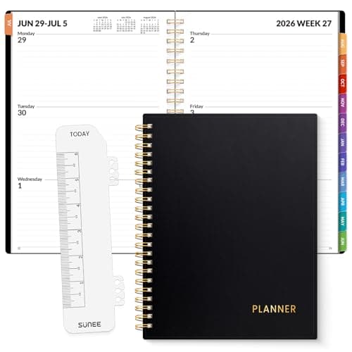 SUNEE Academic Planner 2026-2027 – Weekly & Monthly Planner, July 2026 to June 2027, 6.4"x8.3", Thick Paper, Tabs, Pockets, Bookmark, Spiral-Bound, Student Teacher Organizer, Black