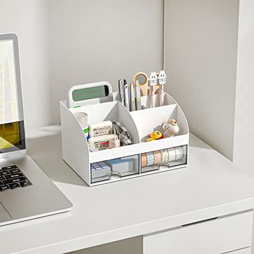 COMFYROOM Desk Organizer with 6 Compartments and 2 Drawers, Plastic Makeup Organizer, Pen Holder for Desktop Storage, Desk Organization for School, Home, Office Supplies (White) 5
