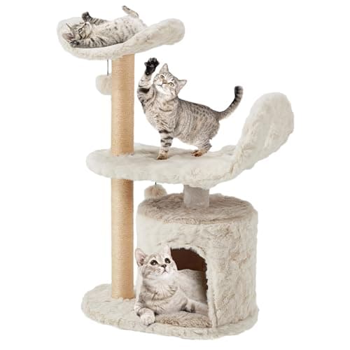 Modern Cute Cat Tree for Indoor Cats, 31-Inch 3-Tier Small Cat Tower with Scratching Posts, Soft White Plush Sailboat Perch & Lookout, Cute Cat Furniture for Kittens and Small Cats