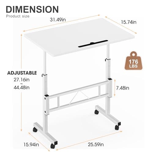 Klvied Small Standing Desk Adjustable Height, Mobile Table with Wheels, Portable Laptop Table, Standing Computer Desk for Walking Pad (White) 3