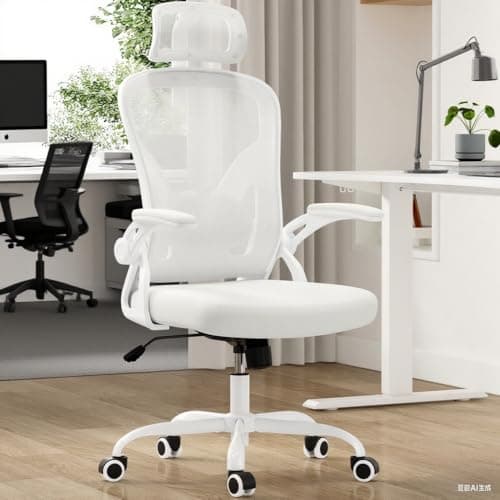 Home Office Desk Chair, High Back Ergonomic Chair with Headrest, Adjustable Lumbar Support & Flip-Up Arms, White Study Chair - 350lbs Weight Capacity