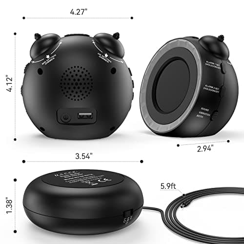 uscce Loud Dual Alarm Clock with Bed Shaker - 0-100% Dimmer, Vibrating Alarm Clock for Heavy Sleepers or Hearing Impaired, Easy to Set, USB Charging Port, Snooze, Battery Backup 9