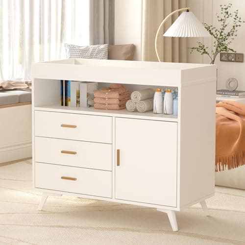 Nursery Dresser with Baby Changing Table,Diaper Changer Tables with 3-Drawer & Shelves, Wooden Baby Dresser with Top, Wood Diaper Changing Station