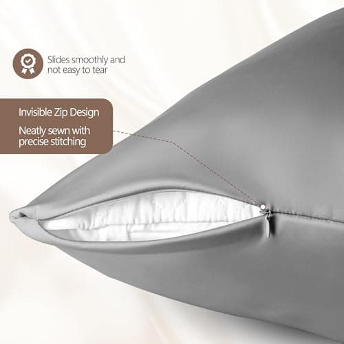 100% Pure Mulberry Silk Pillow Cases - 6A Luxury Silk Pillowcase for Hair and Skin – Anti-Wrinkle, Cooling & Smooth, Hidden Zipper – Pillowcases for Sleeping Women (Gray, Standard) 7