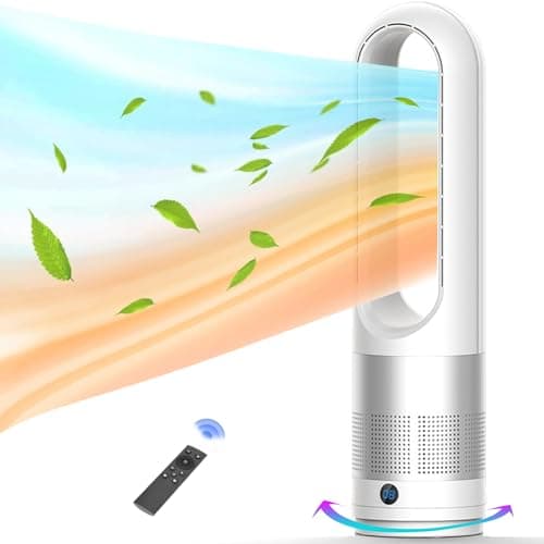 Voagupa Bladeless Heater and Fan Combo, All the Season, 80° Oscillating with Remote and Touch Control, 8H Timer, 24 Inch, Floor Fan for Indoor Use, Large Room, Silver White