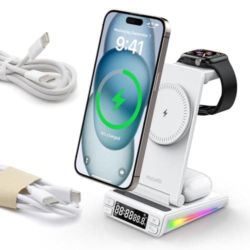 5 in 1 Magnetic Wireless Charging Station with LED Clock Temperature & Night Light, Foldable Charger Stand for Apple & Samsung Phone Watch Earbuds, Portable Multi-Device Dock(White)