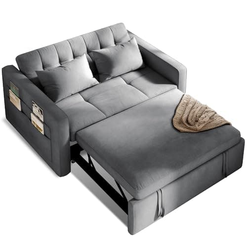 YITAHOME 55" Convertible Sofa Bed, Velvet Sleeper Sofa with Pull-Out Bed, 3-in-1 Futon Couch with Reclining Backrest and Side Pocket, Modern Loveseat for Living Room, Grey, Full Size 7
