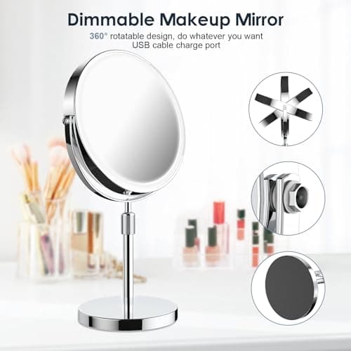 GioeDa Makeup Mirror with Lights, Height & Brightness Adjustable Lighted Makeup Mirror with 10x Magnification, 8" Rechargeable Double Sided Vanity Mirror with 3 Colors Lights 7