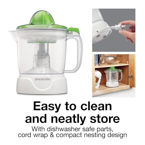 Proctor Silex Electric Citrus Juicer Machine, Large 34 oz. Pitcher, Pressure Activated, 2 Reamers for Big and Small Fruit, Pulp Control, for Orange, Lemon, Grapefruit Juice, White & Green (66340) 7