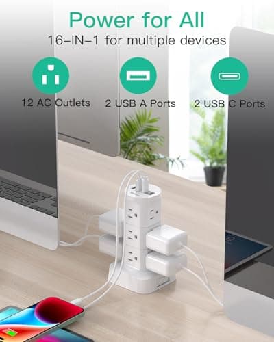 Power Strips with Surge Protection, Flat Plug Power Strip with 12 Outlets 4 USB Ports, Charging Station Tower 1875W/15A 1080J 6Ft Extension Cord with Multiple Outlets, Office Supplies, Dorm Essentials 7