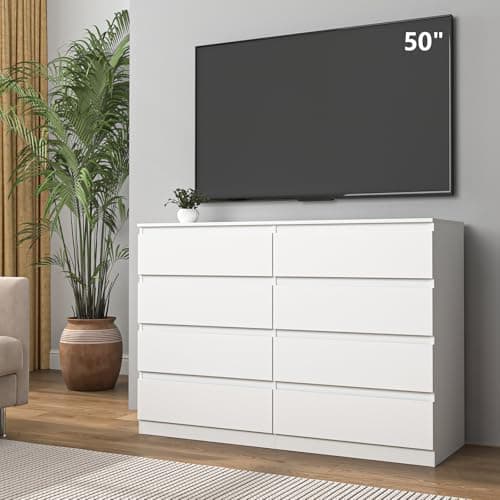 Vibe & Dine 8 Drawer Double Dresser, Modern Chest of Drawers with Wide Storage for Closet, Bedroom, Living Room, White 8